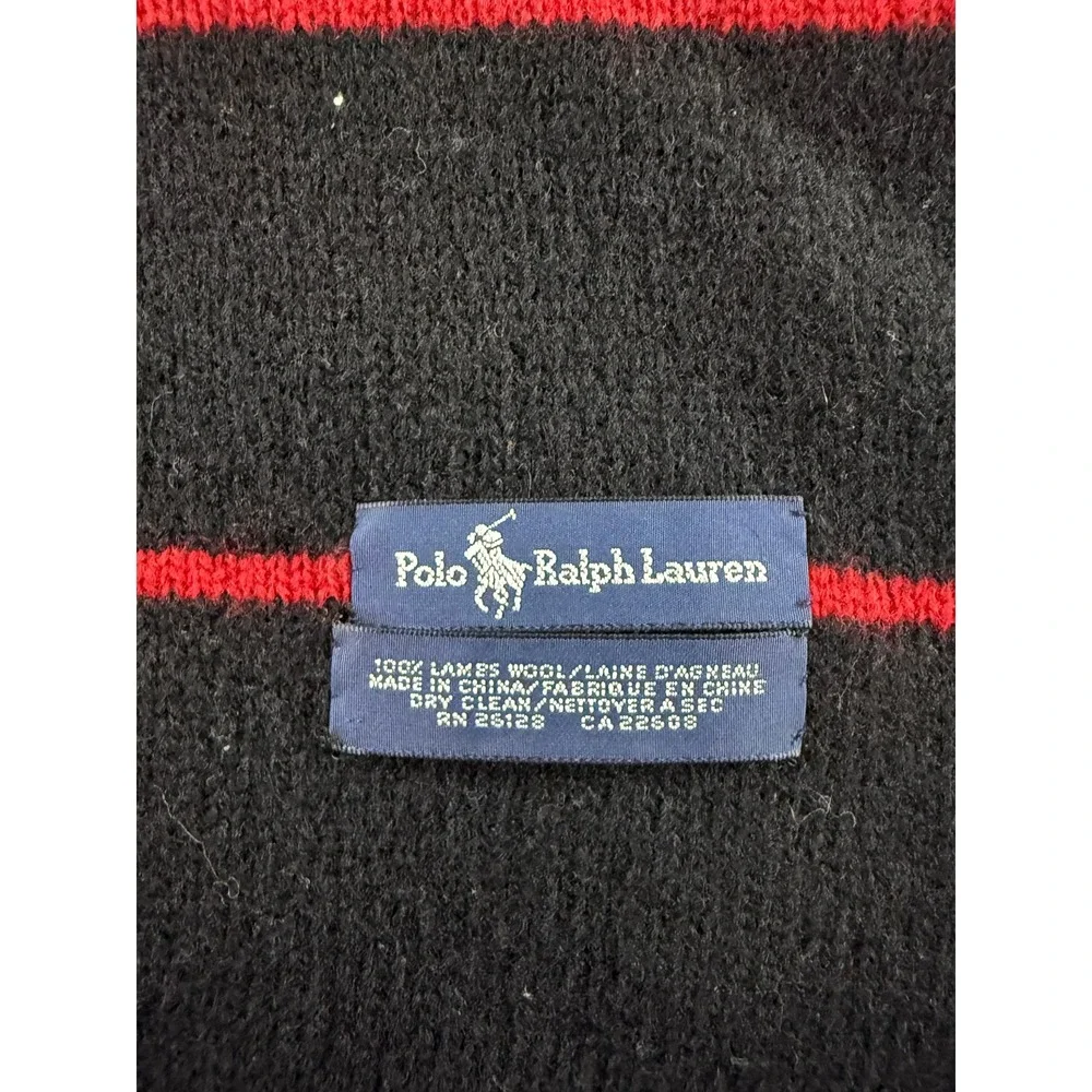 Polo Ralph Lauren Scarf Black Red Striped 100% Lambswool Knit Pony Logo‎ Mens